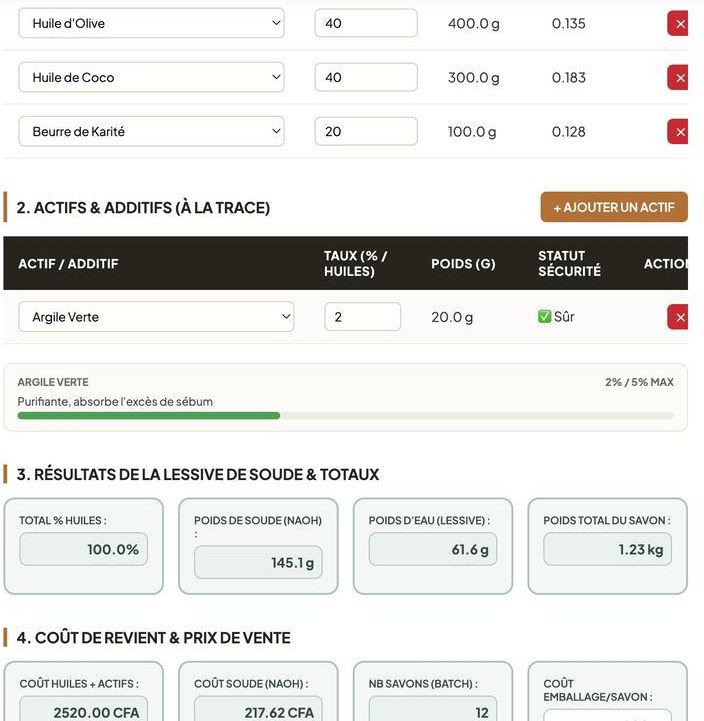 Saisie des huiles et résultats de la lessive de soude
