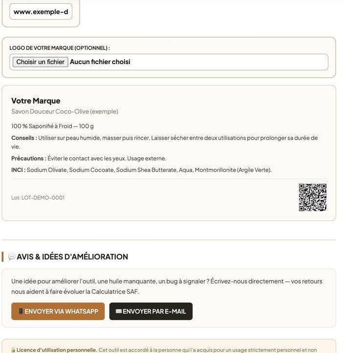 Étiquette générée avec liste INCI et QR code