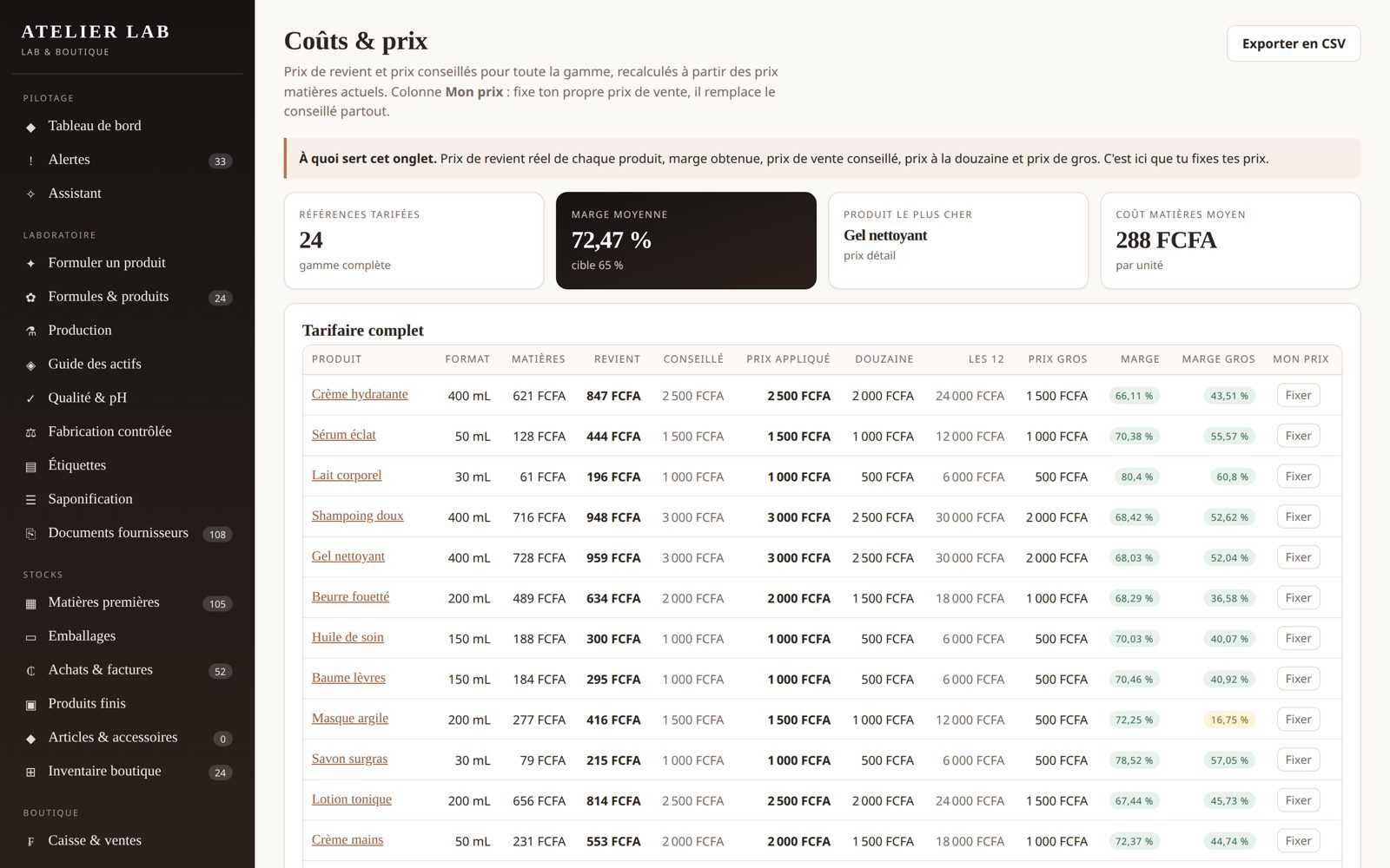 Calcul du coût de revient dans ATELIER LAB