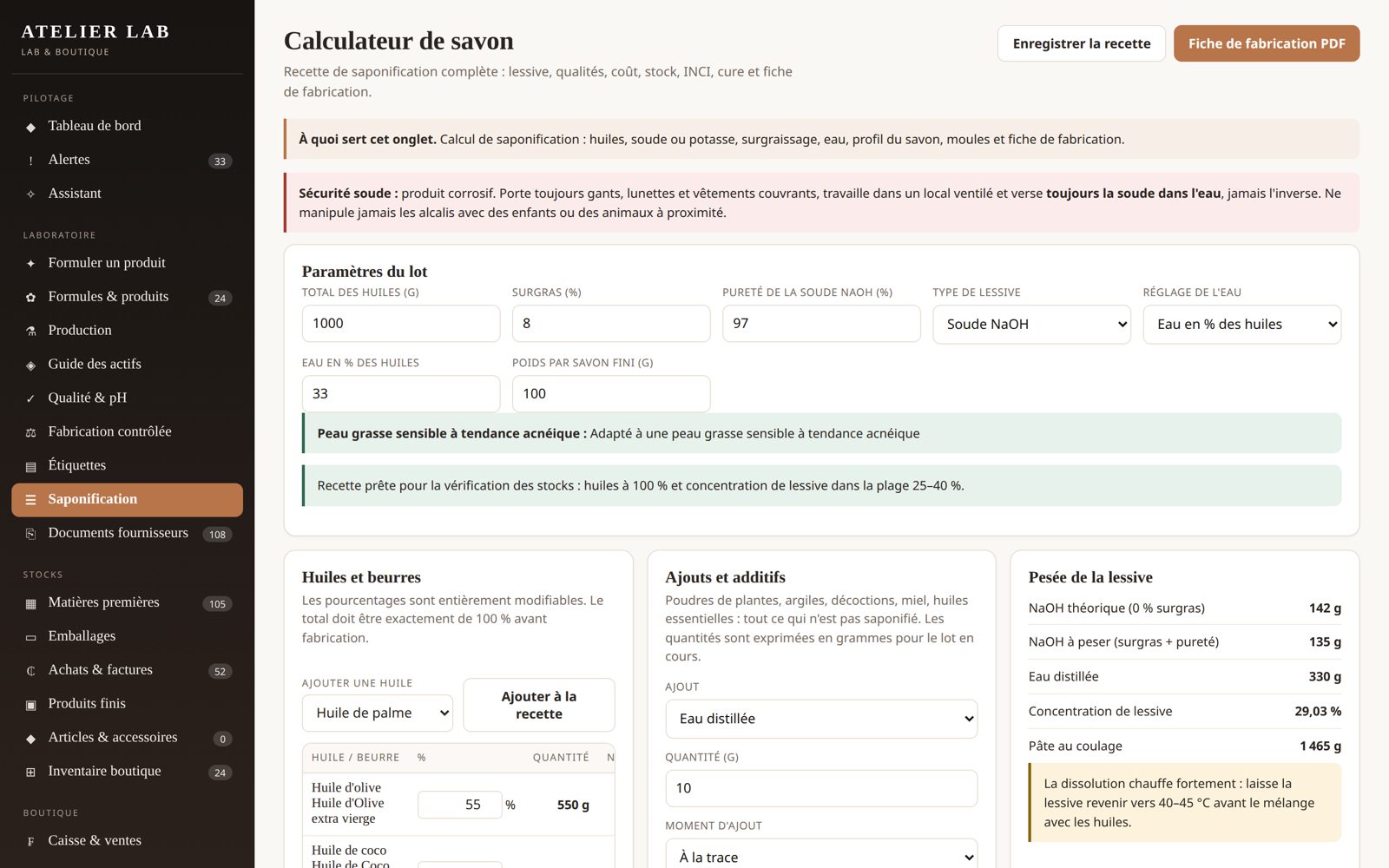 Calculatrice de saponification d'ATELIER LAB